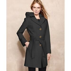 Michael Kors MK Wool Blend Belted Hooded Trench Coat Black Size 14